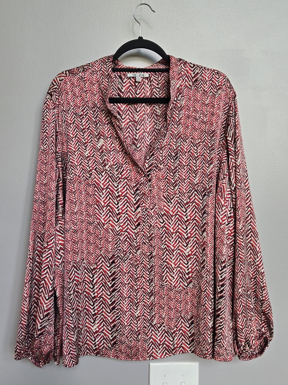 NIC+ZOE Herringbone Stamp Blouse Red Multi Button Front 2X Plus Size